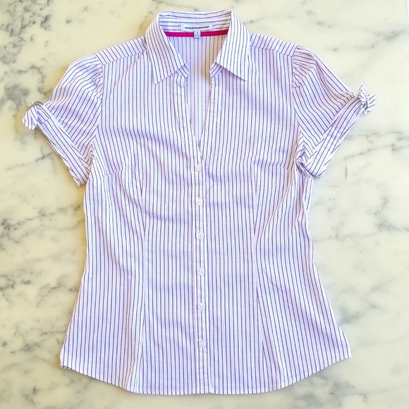 NWOT Express Design Studio Short Sleeve Button Down Stripe Shirt w/chrome decor. - Picture 3 of 5